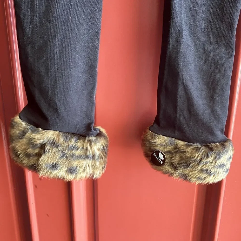BLACK ANKLE TIGHTS w/leopard faux fur ankles. Halloween or winter wear. NWT
